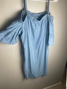 Westport Off Shoulder Light Blue Denim Like Dress with Flutter Sleeves